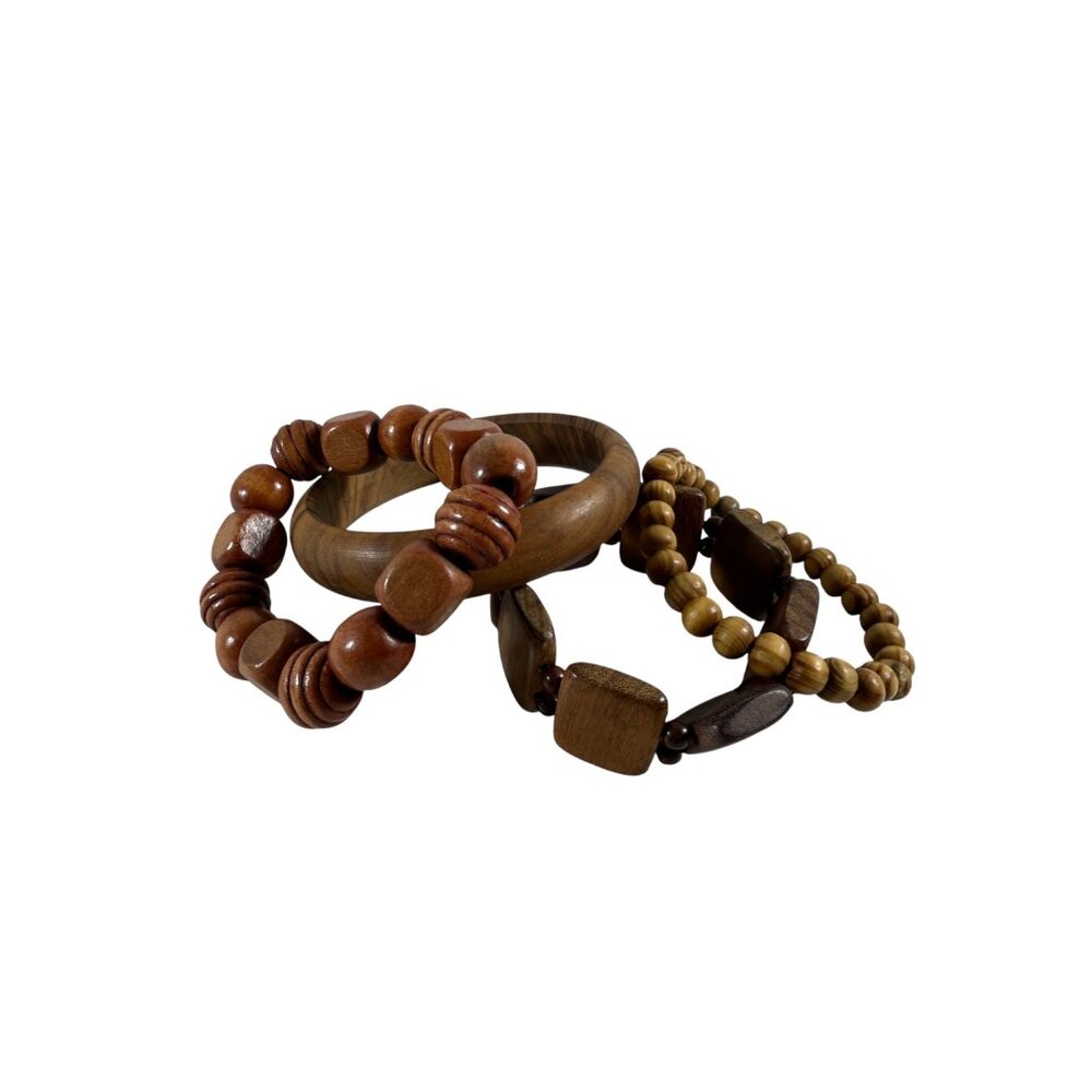 Lot 4 Wood Bracelets Solid Carved Bangle Stretch Beaded Natural Boho Hippie